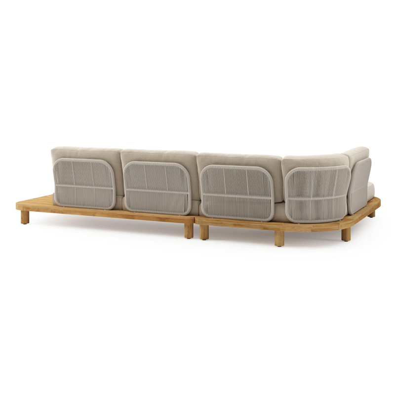 Donato loungehoek in teak en beige verticaal geweven ronde rope met all weather cosytica Althea Chalk kussen
