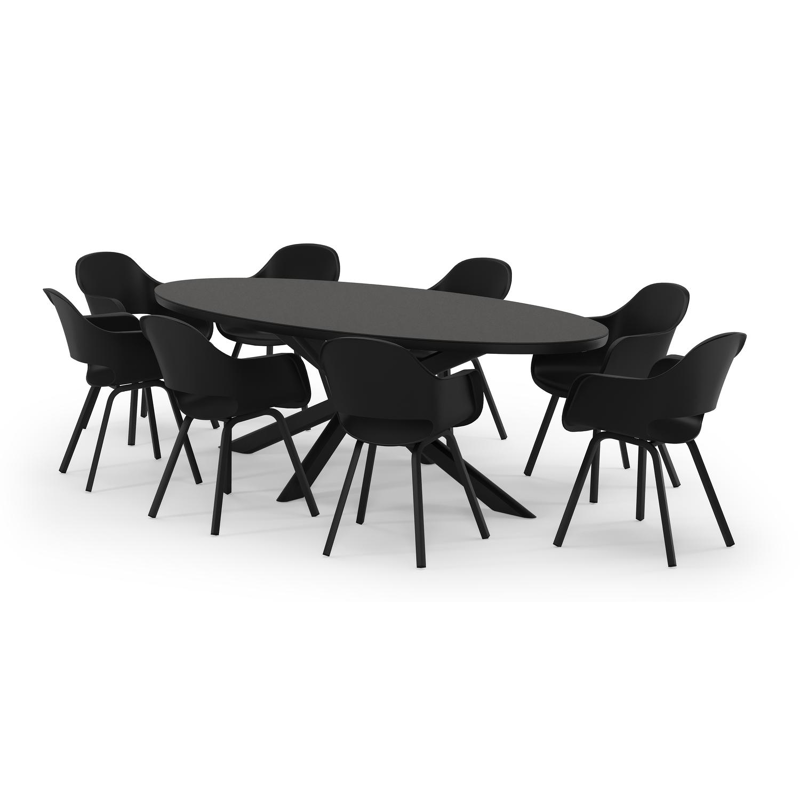 Pamplona ensemble de jardin ovale en aluminium noir en sintered stone notte minerale avec 8 chaises de jardin Artena