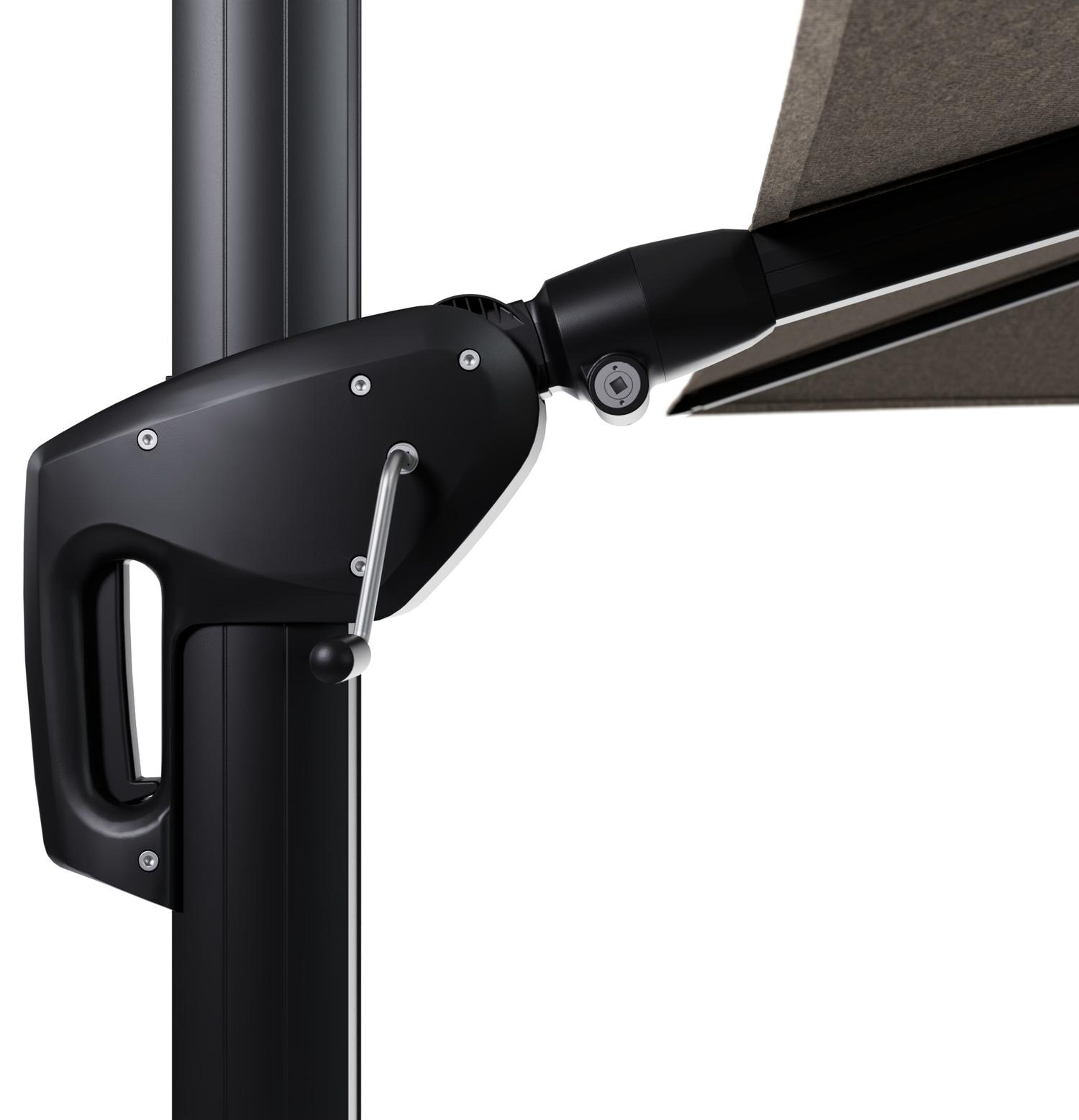 Minore zweefparasol tiltfunctie in zwart aluminium en parasoldoek in All Weather Sunbrella® Luxe Chartres Pewter  - L1 280 x L2: 370 cm (zonder voet)