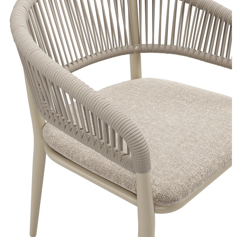Tolfa stapelbare tuinstoel in beige aluminium en beige verticaal geweven ronde rope met stoelkussen in All Weather Sunbrella® Luxe Chartres Pewter