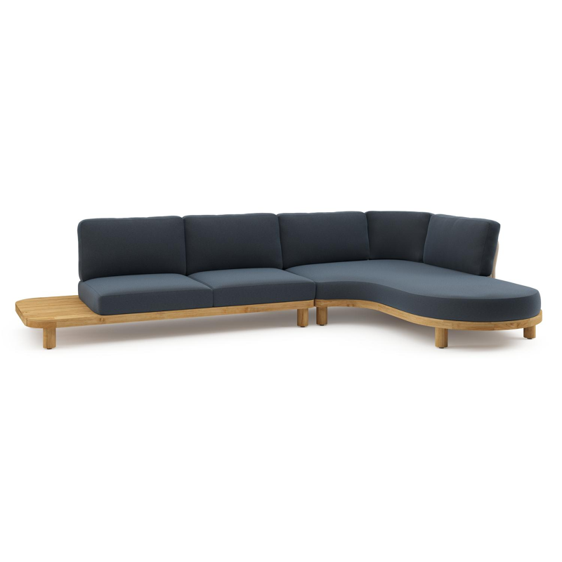 Donato loungehoek in teak en beige verticaal geweven ronde rope met All Weather Sunbrella® luxe Heritage Indigo kussen