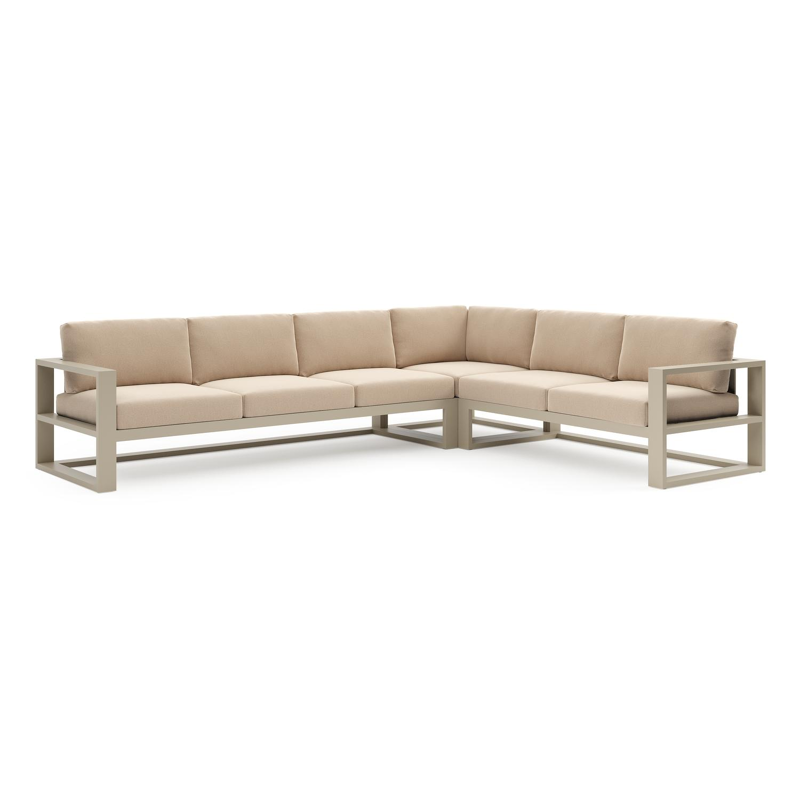 Verato loungehoek in beige aluminium met natte heather beige all weather sunbrella® luxe kussen
