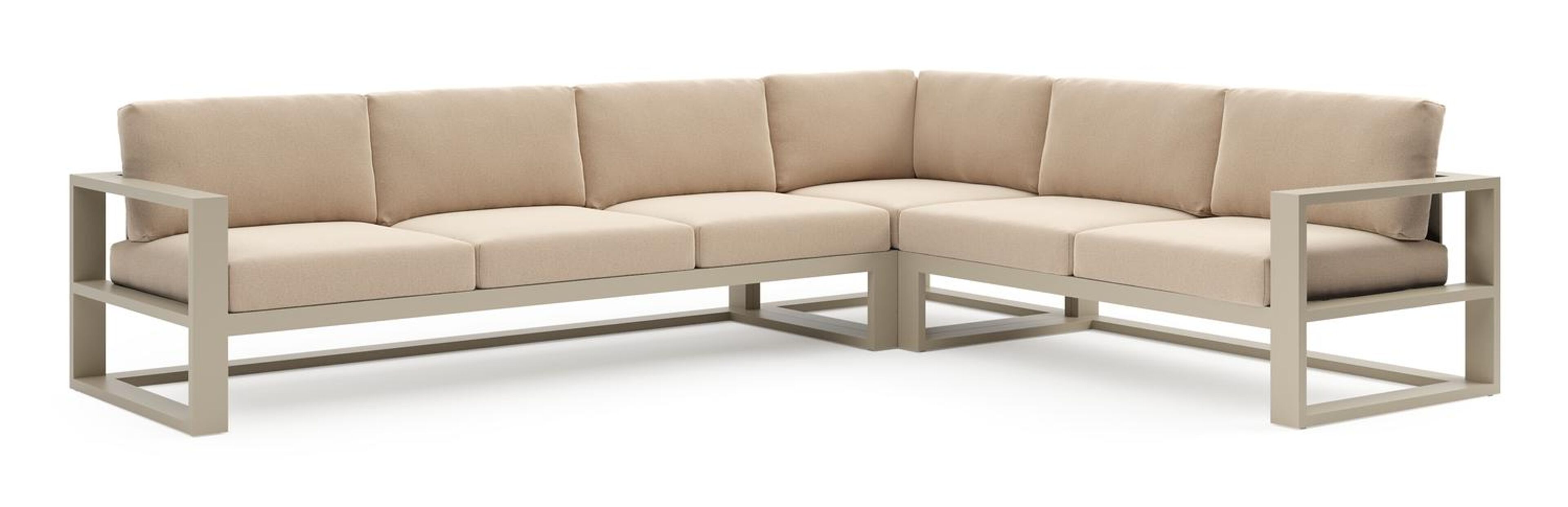 Verato loungehoek in beige aluminium met natte heather beige all weather sunbrella® luxe kussen