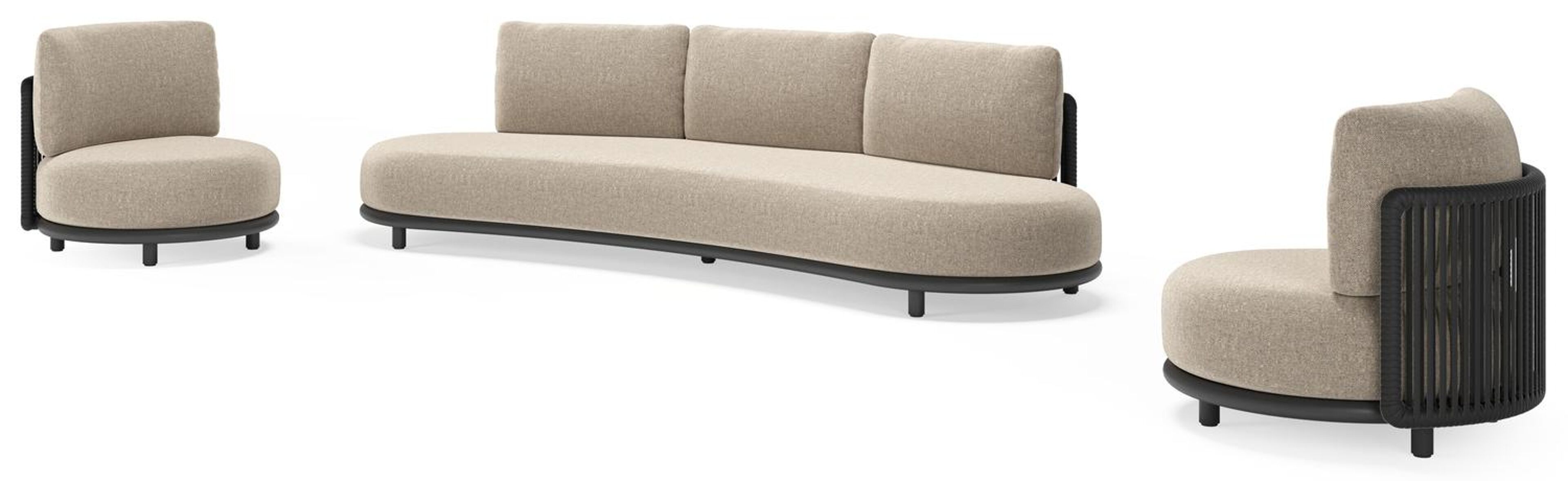 Lomano loungeset in zwart aluminium en zwart verticaal geweven luxe vlakke rope met chartres pewter all weather sunbrella® luxe kussen