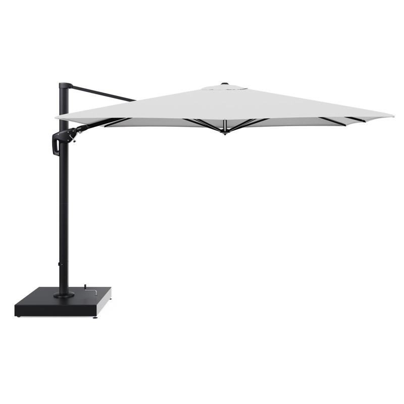 Minore zweefparasol met tiltfunctie in zwart aluminium en Ego Birch All Weather Solica parasoldoek - L1 280 x L2: 370 cm met parasolvoet Minore 260 kg met wielen