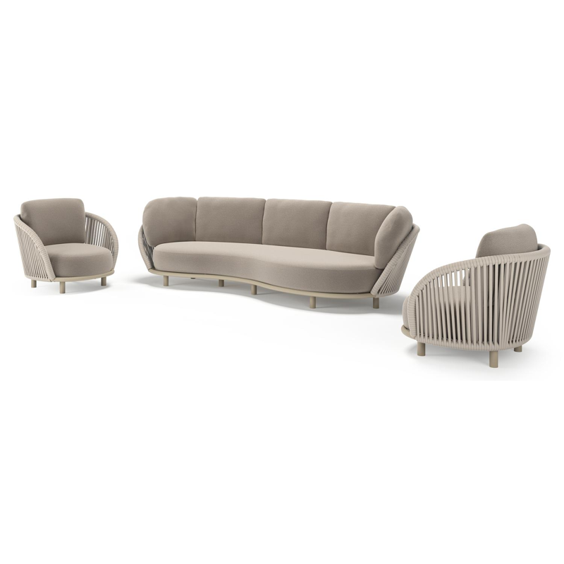 Lupino loungeset in beige aluminium en beige verticaal geweven luxe vlakke brede rope met savane coconut all weather sunbrella® luxe kussen