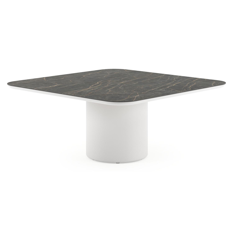 Amico low dining tuintafel afgerond vierkant in wit aluminium en volkeramiek Black Obsession - L 148 x B 148 x H 61 cm