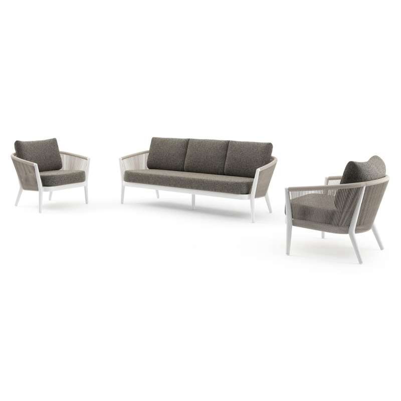 Orso loungeset in wit aluminium en beige verticaal geweven ronde rope met Marbella Tunder all weather cosytica kussen