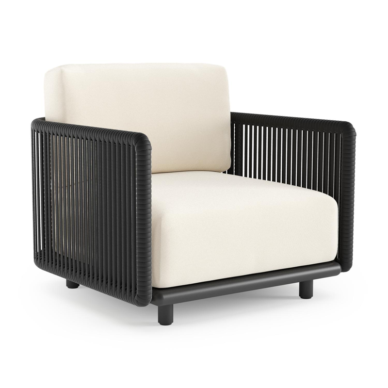 Organo loungestoel in zwart aluminium en zwart verticaal geweven luxe vlakke rope met natte white all weather Sunbrella® luxe kussen