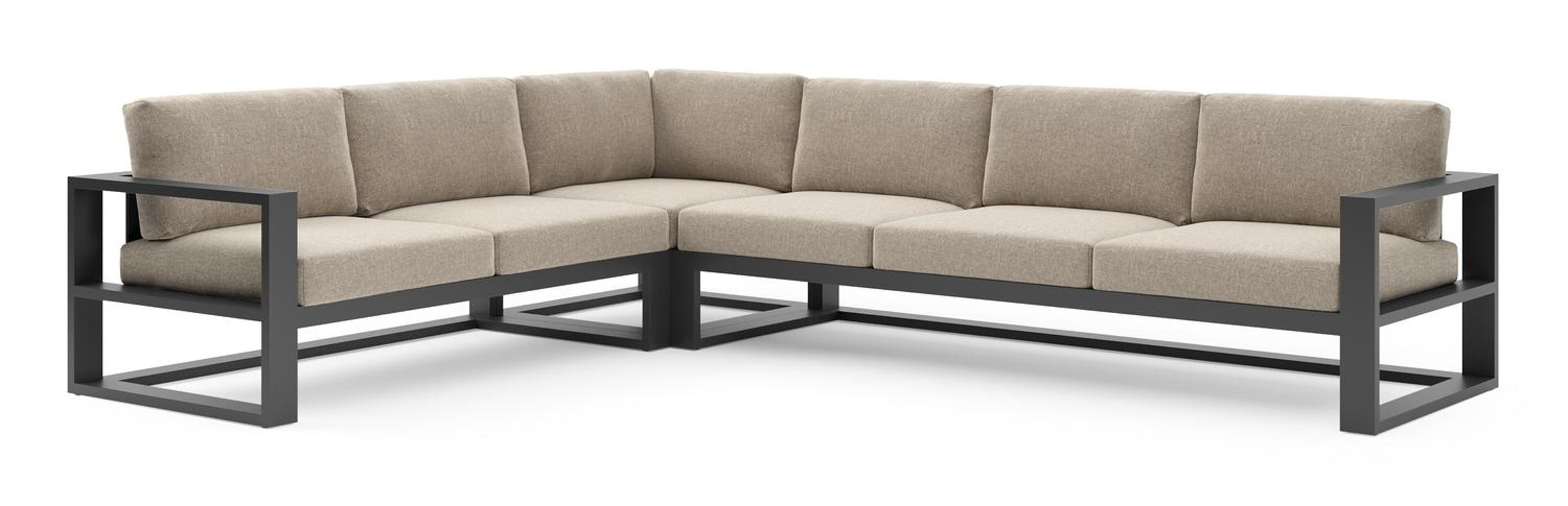 Verato loungehoek in zwart aluminium met chartres pewter all weather sunbrella® luxe kussen