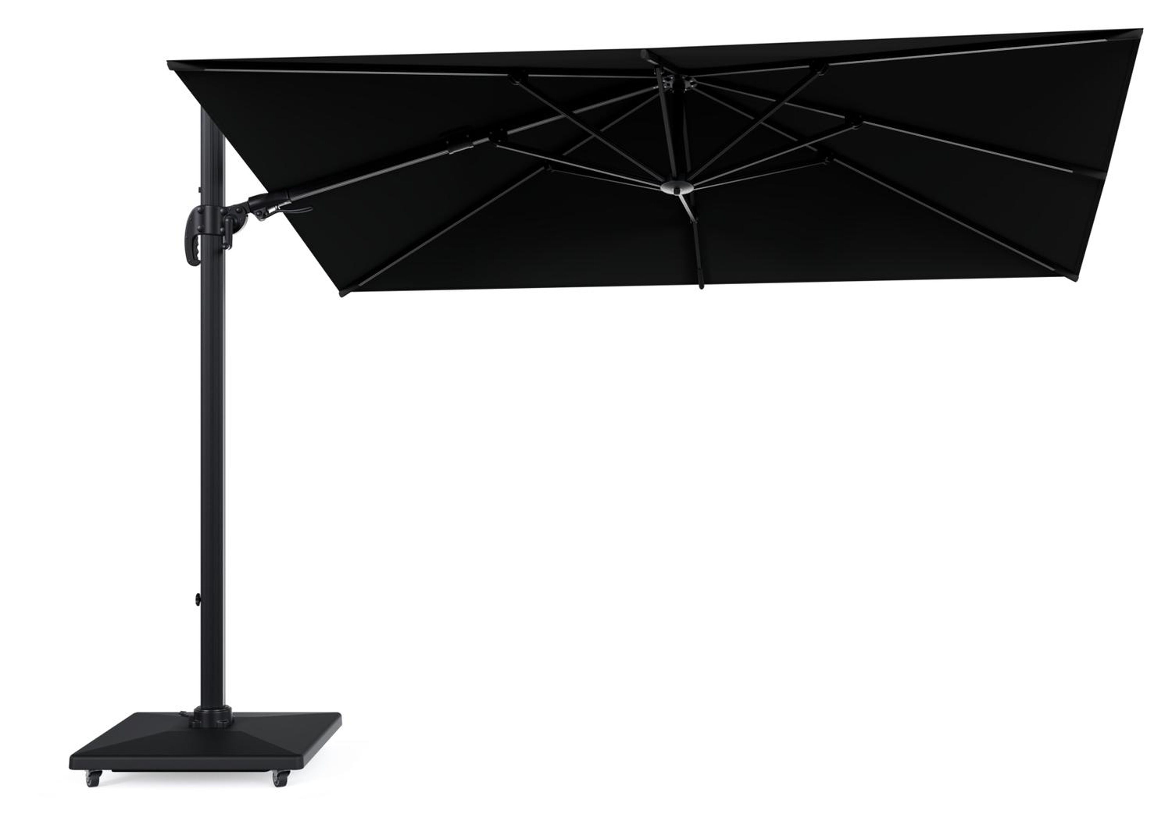 Avola zweefparasol met tiltfunctie in zwart aluminium met zwart weather+ softtouch parasoldoek - L1 200 x L2 300 cm met parasolvoet Avola 90 kg