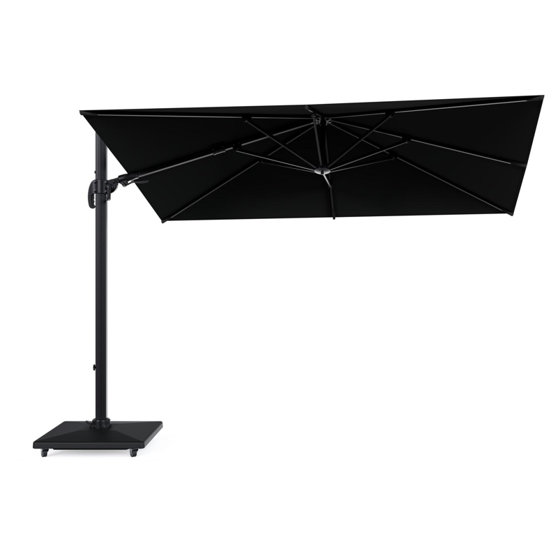 Avola zweefparasol met tiltfunctie in zwart aluminium met zwart weather+ softtouch parasoldoek - L1 200 x L2 300 cm met parasolvoet Avola 90 kg