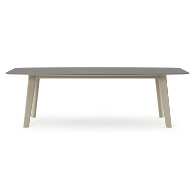 Table de jardin Lacrima forme de bateau en aluminium beige et céramique pleine Calatorao - Lg. 255 x Lrg. 115 x Haut. 74 cm