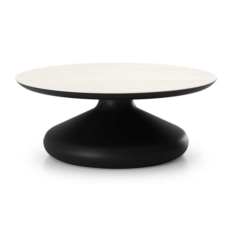 Bomero loungetafel rond in zwart aluminium en volkeramiek Travertino Bianco - Dia. 84 x H 32.2 cm