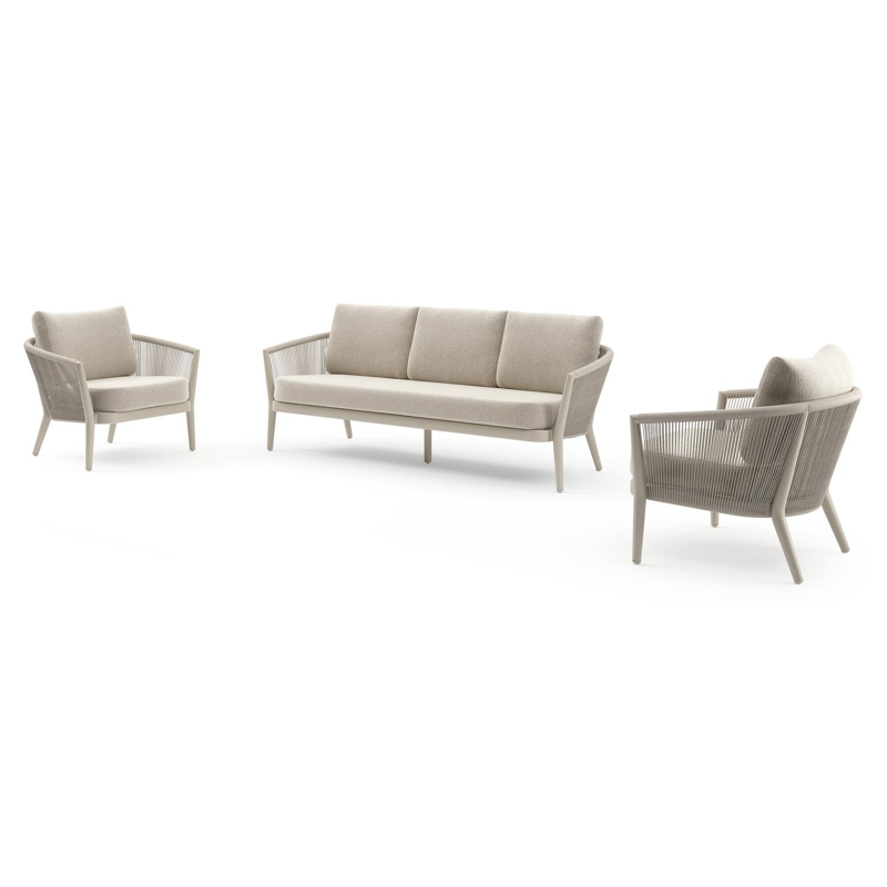 Orso loungeset in beige aluminium en beige verticaal geweven ronde rope met Marbella Ecru all weather cosytica kussen