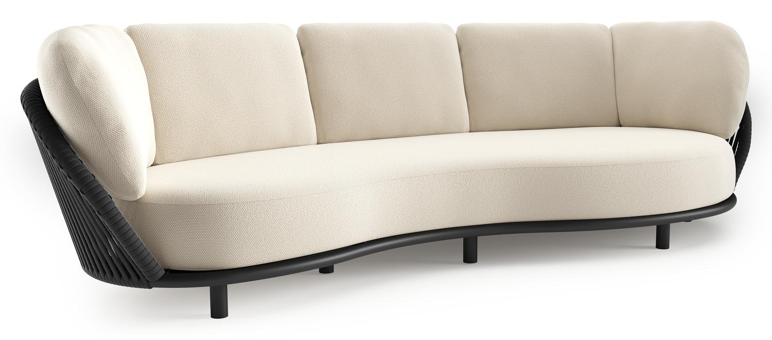 Lupino loungebank in zwart aluminium en zwart verticaal geweven luxe vlakke brede rope met althea off white all weather cosytica kussen