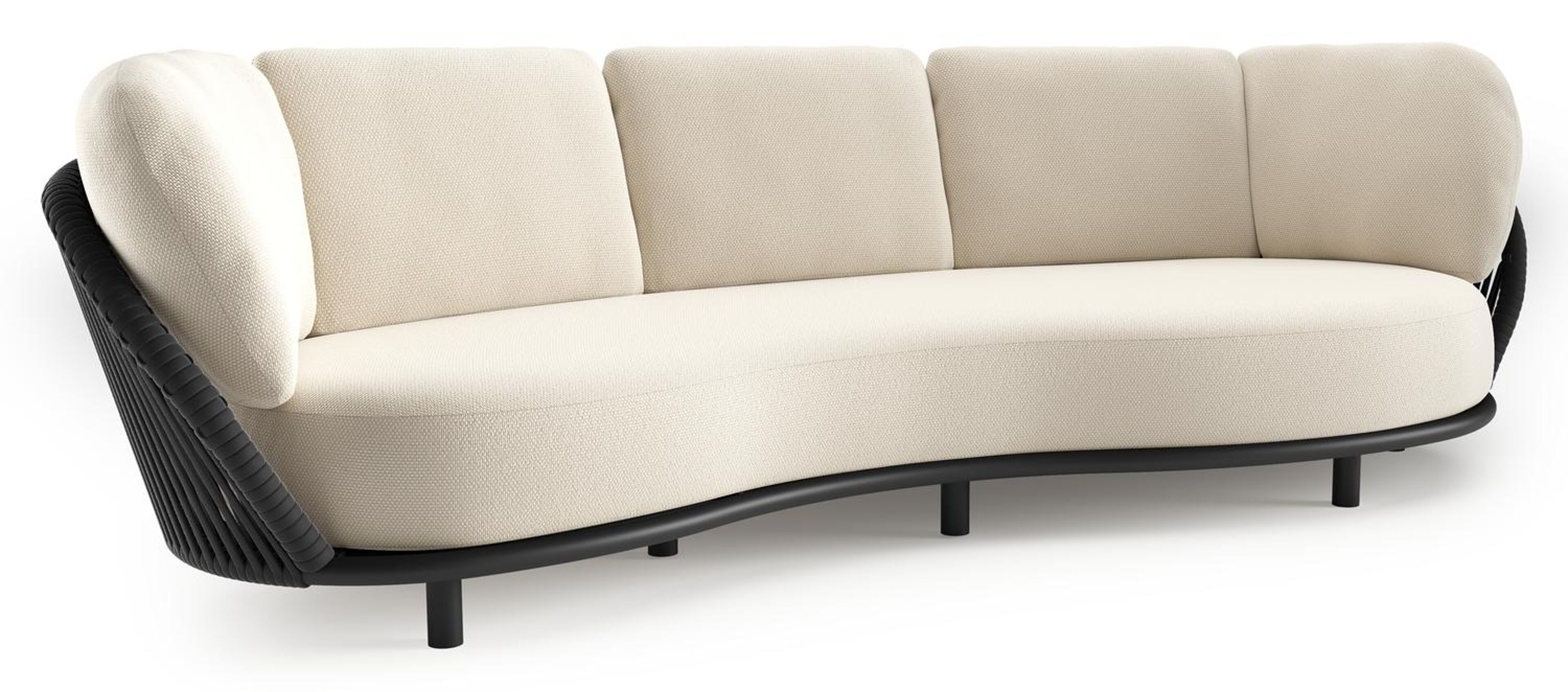 Canapé de jardin Lupino en aluminium noir et corde large plate de luxe tissée verticalement noir et coussins en all weather cosytica althea off white