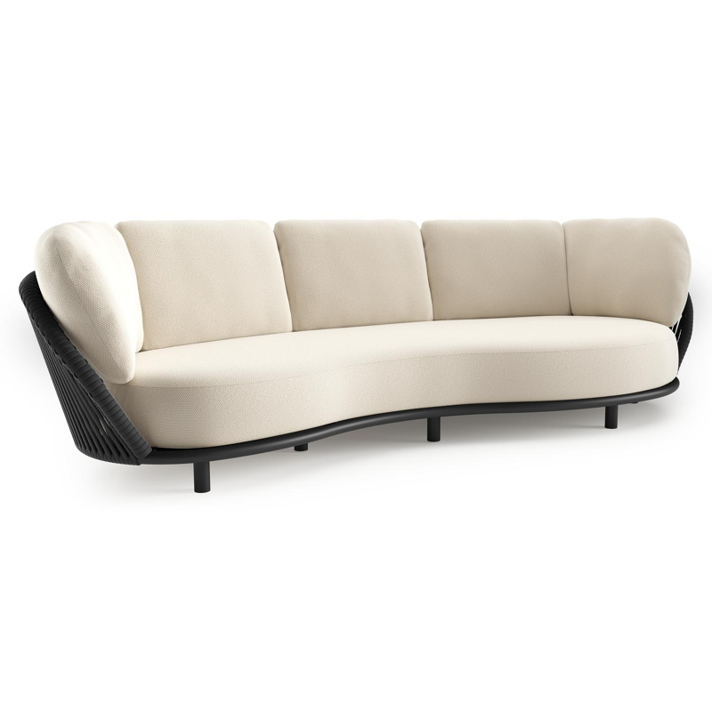 Lupino loungebank in zwart aluminium en zwart verticaal geweven luxe vlakke brede rope met althea off white all weather cosytica kussen