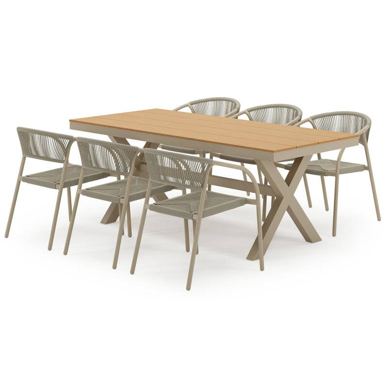 Bahia tuinset in beige aluminium en polywood met 6 stapelbare Melo tuinstoelen