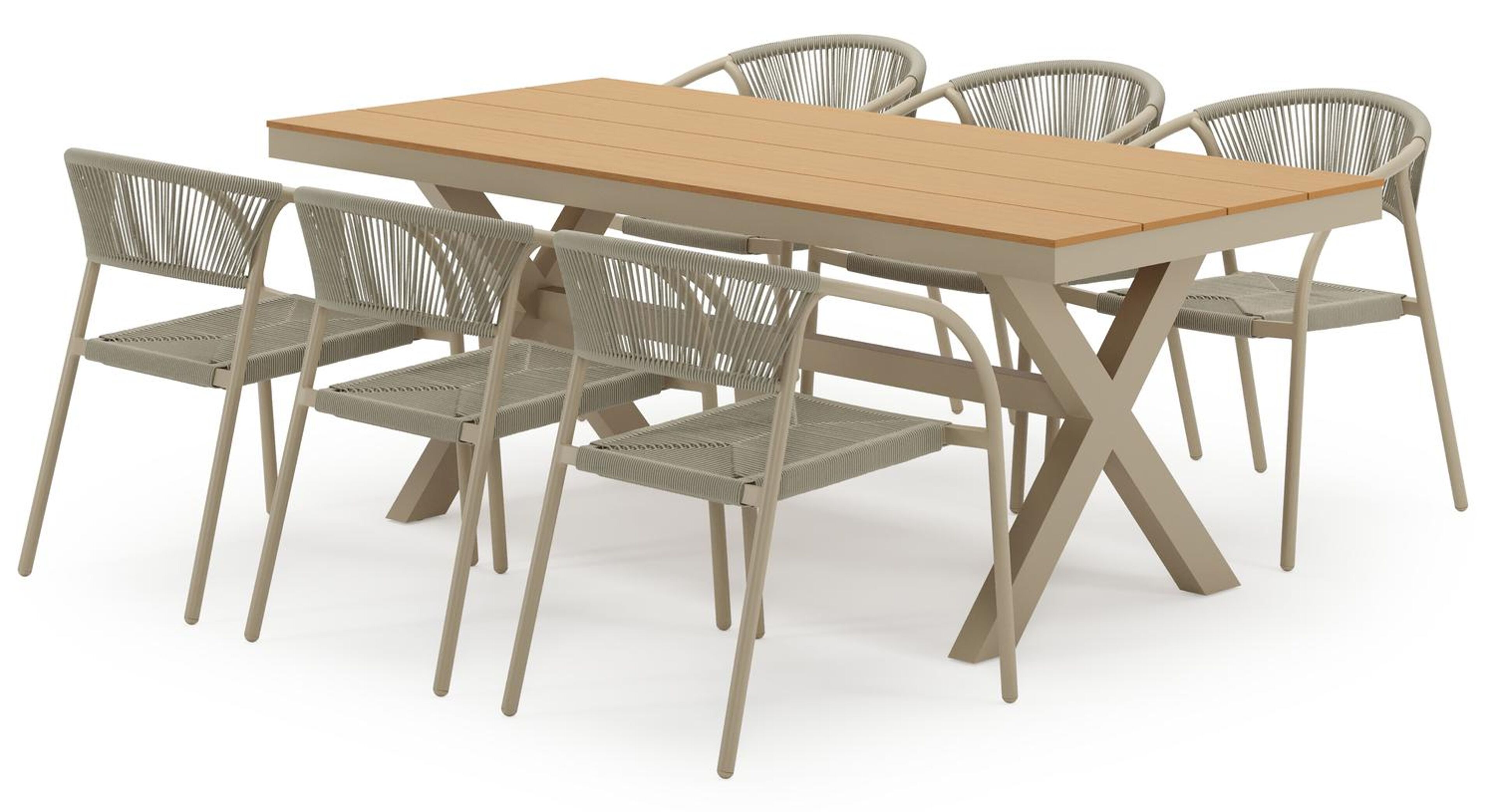 Bahia tuinset in beige aluminium en polywood met 6 stapelbare Melo tuinstoelen