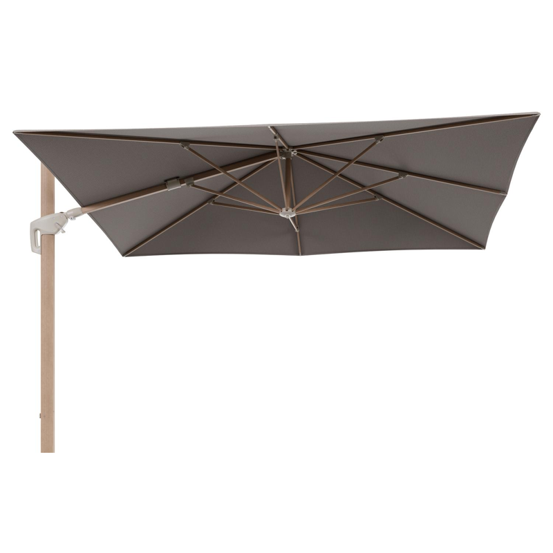 Minore zweefparasol met tiltfunctie in houtlook aluminium en Lopi Pepper All Weather Sunbrella® Luxe parasoldoek - L1 280 x L2 370 cm (zonder voet)