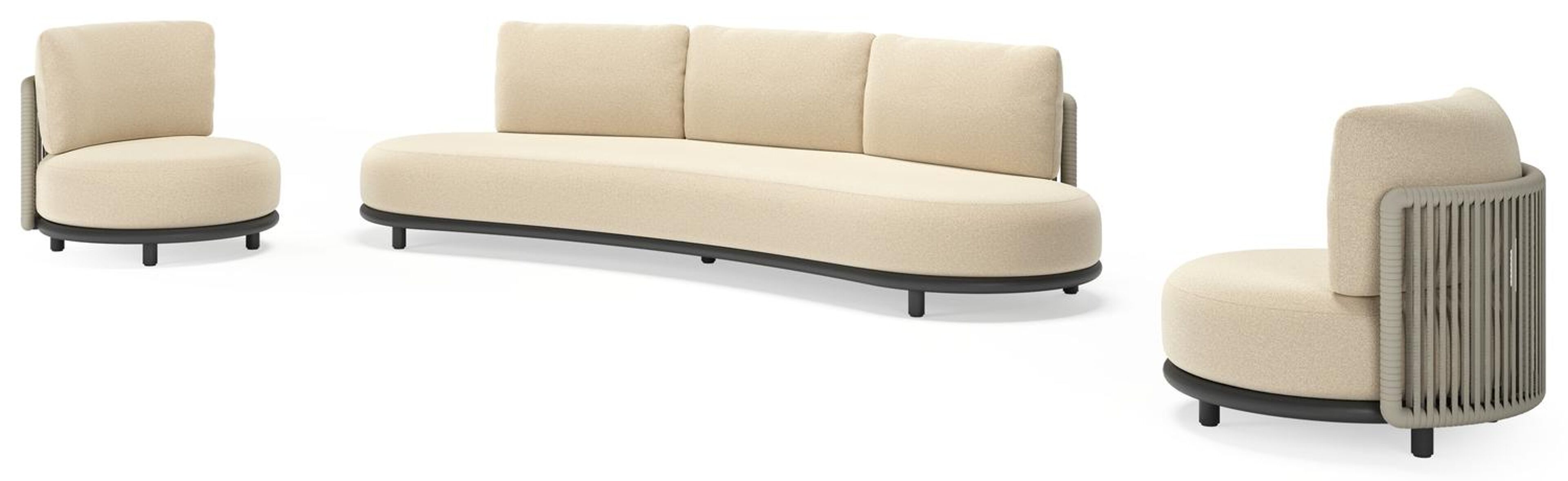 Salon de jardin Lomano en aluminium noir et corde luxe plate tissée verticalement beige et coussins en all weather solica Soul Papyrus