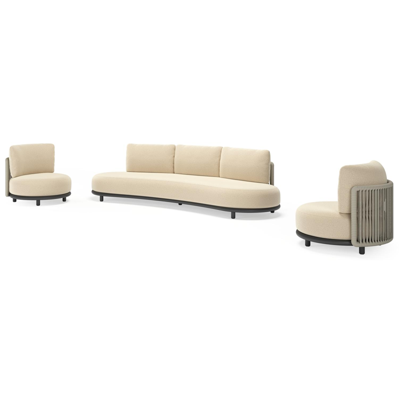 Salon de jardin Lomano en aluminium noir et corde luxe plate tissée verticalement beige et coussins en all weather solica Soul Papyrus