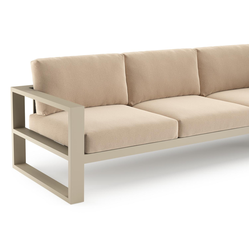 Verato loungehoek in beige aluminium met natte heather beige all weather sunbrella® luxe kussen