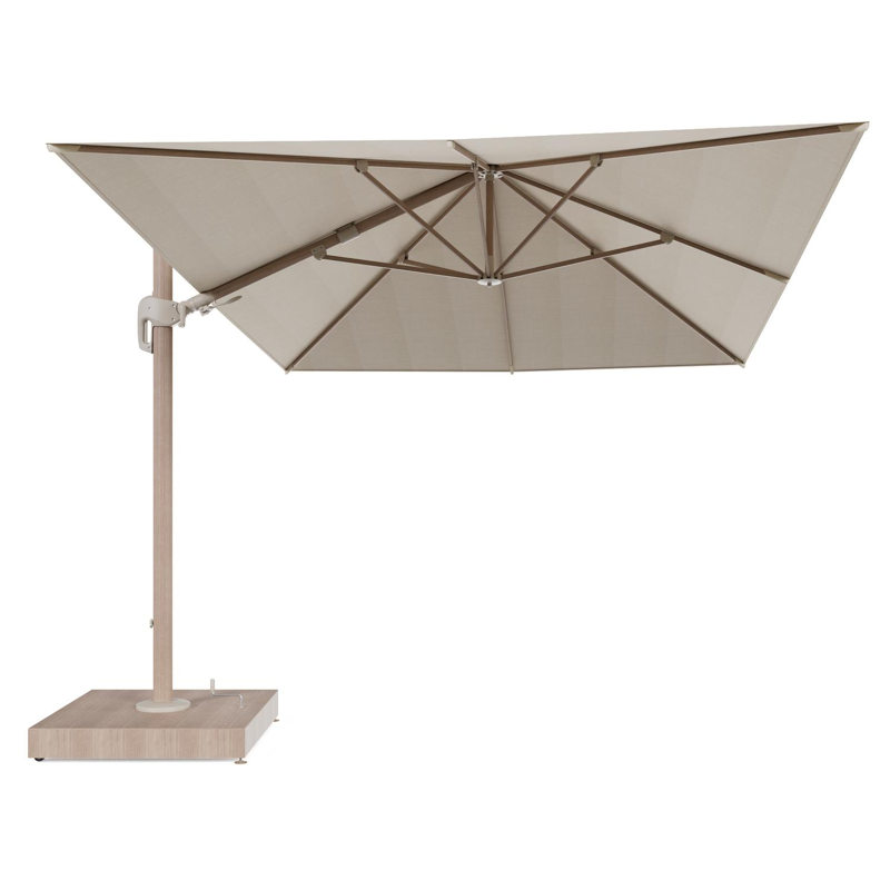Rufina zweefparasol met tiltfunctie in houtlook aluminium en beige All Weather Sunbrella® Premium parasoldoek - L1 400 x L2 300 cm met parasolvoet Minore 260 kg met wielen