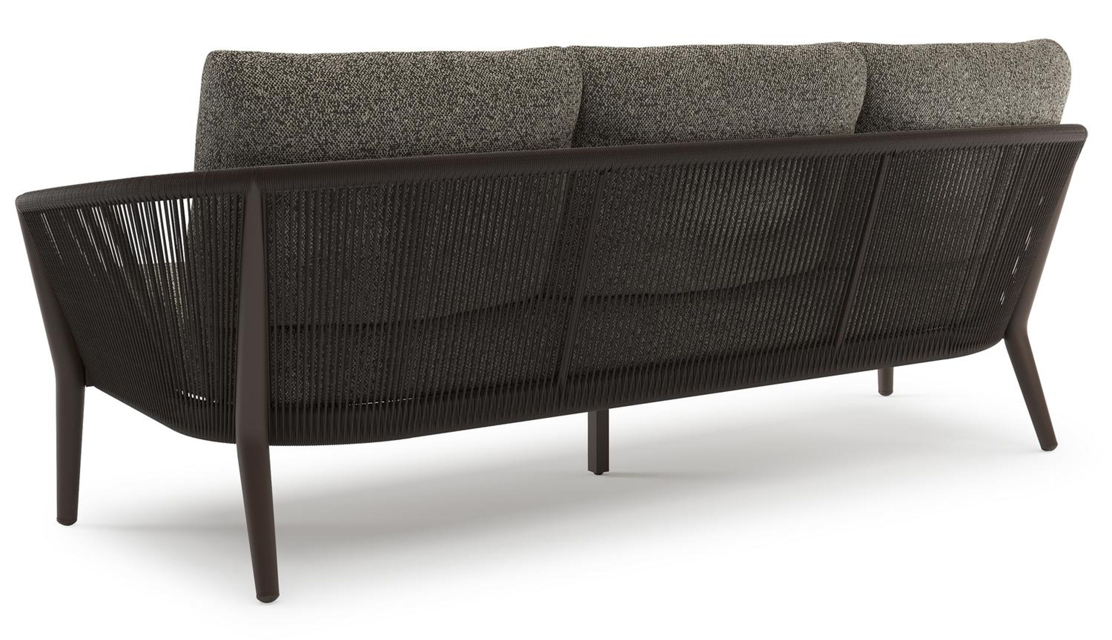 Canapé de jardin Orso en aluminium brun foncé en corde ronde tissée verticalement brun foncé et coussins en all weather cosytica Marbella Tunder