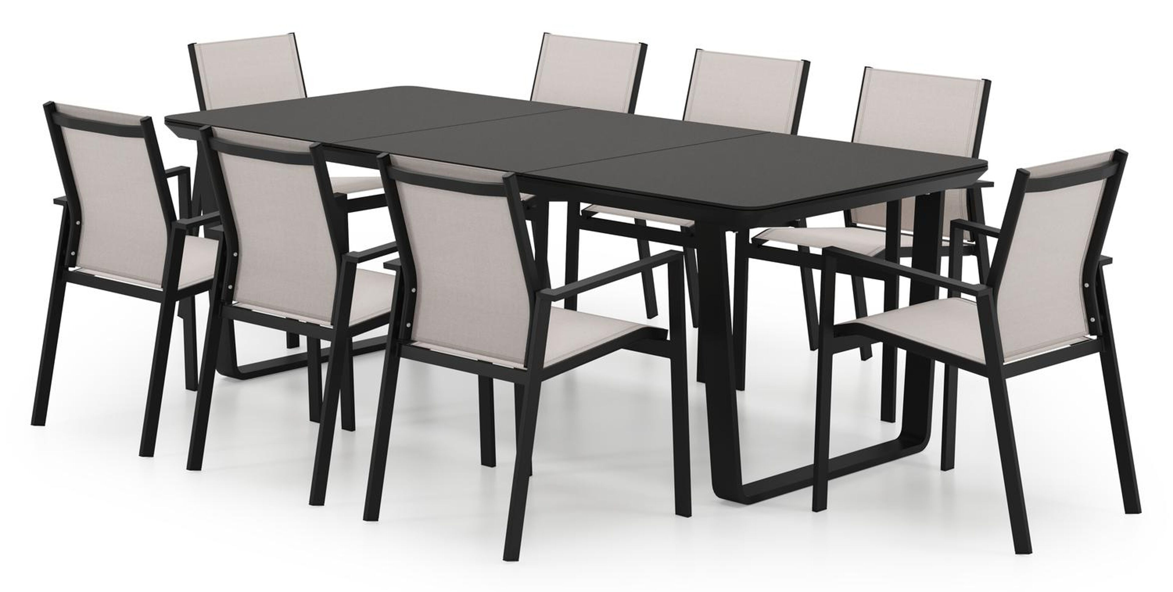 Ensemble de jardin Alora rectangulaire arrondi en aluminium noir et sintered stone noir avec 8 chaises de jardin Bahia empilables