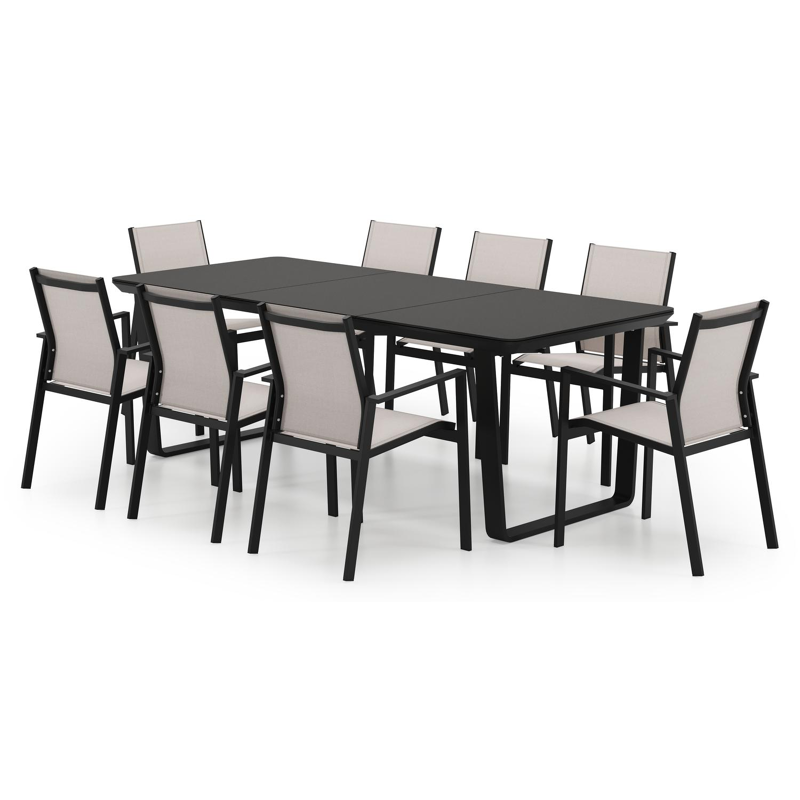 Ensemble de jardin Alora rectangulaire arrondi en aluminium noir et sintered stone noir avec 8 chaises de jardin Bahia empilables