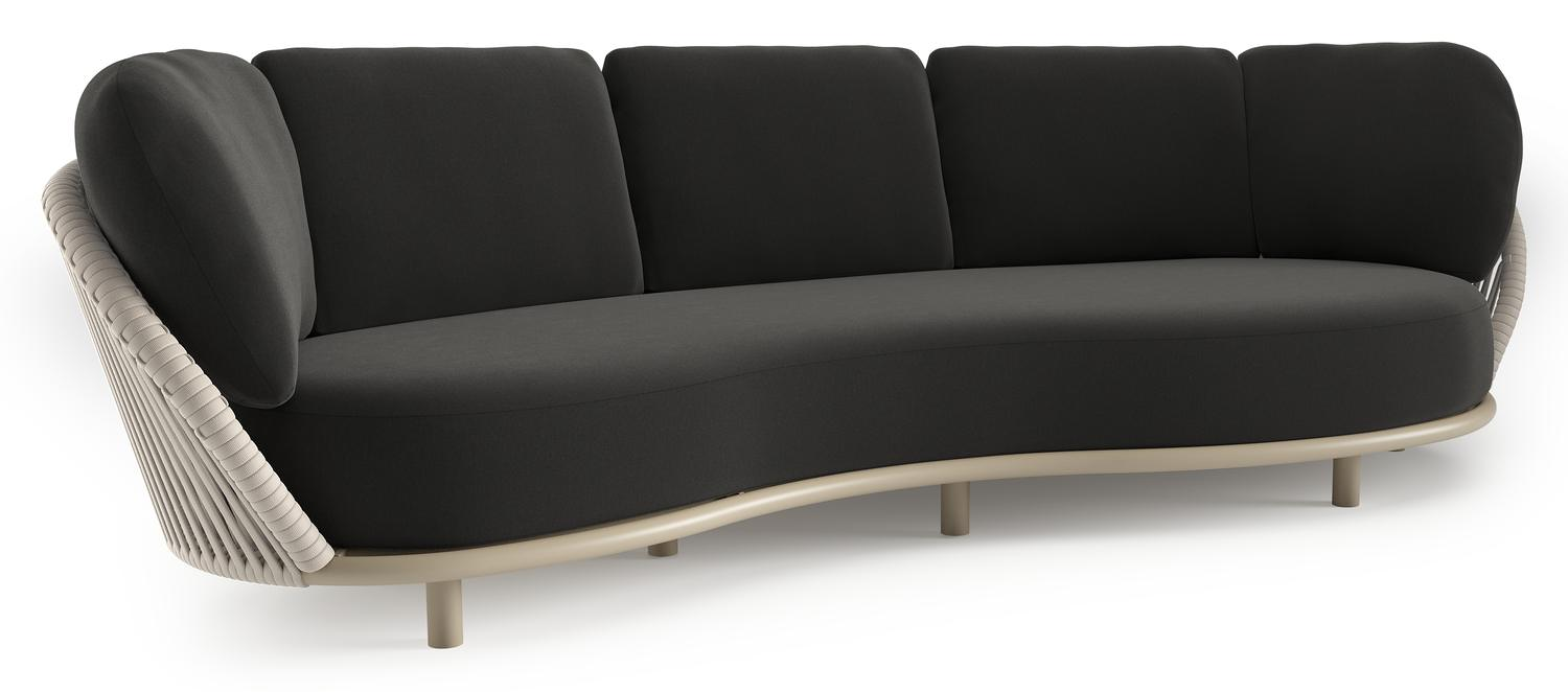 Lupino loungebank in beige aluminium en beige verticaal geweven luxe vlakke brede rope met natte sooty all weather sunbrella® luxe kussen