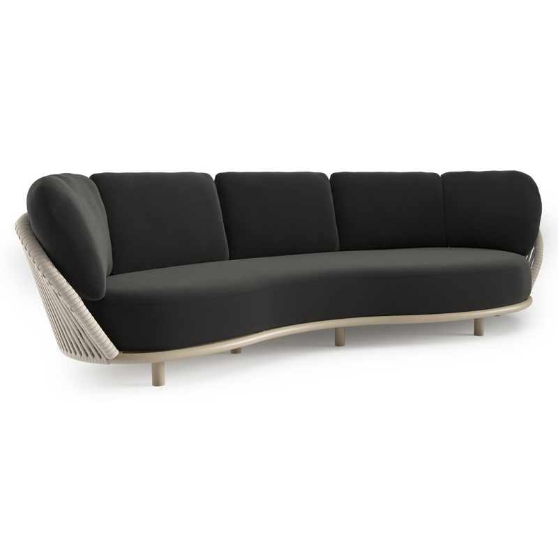 Lupino loungebank in beige aluminium en beige verticaal geweven luxe vlakke brede rope met natte sooty all weather sunbrella® luxe kussen