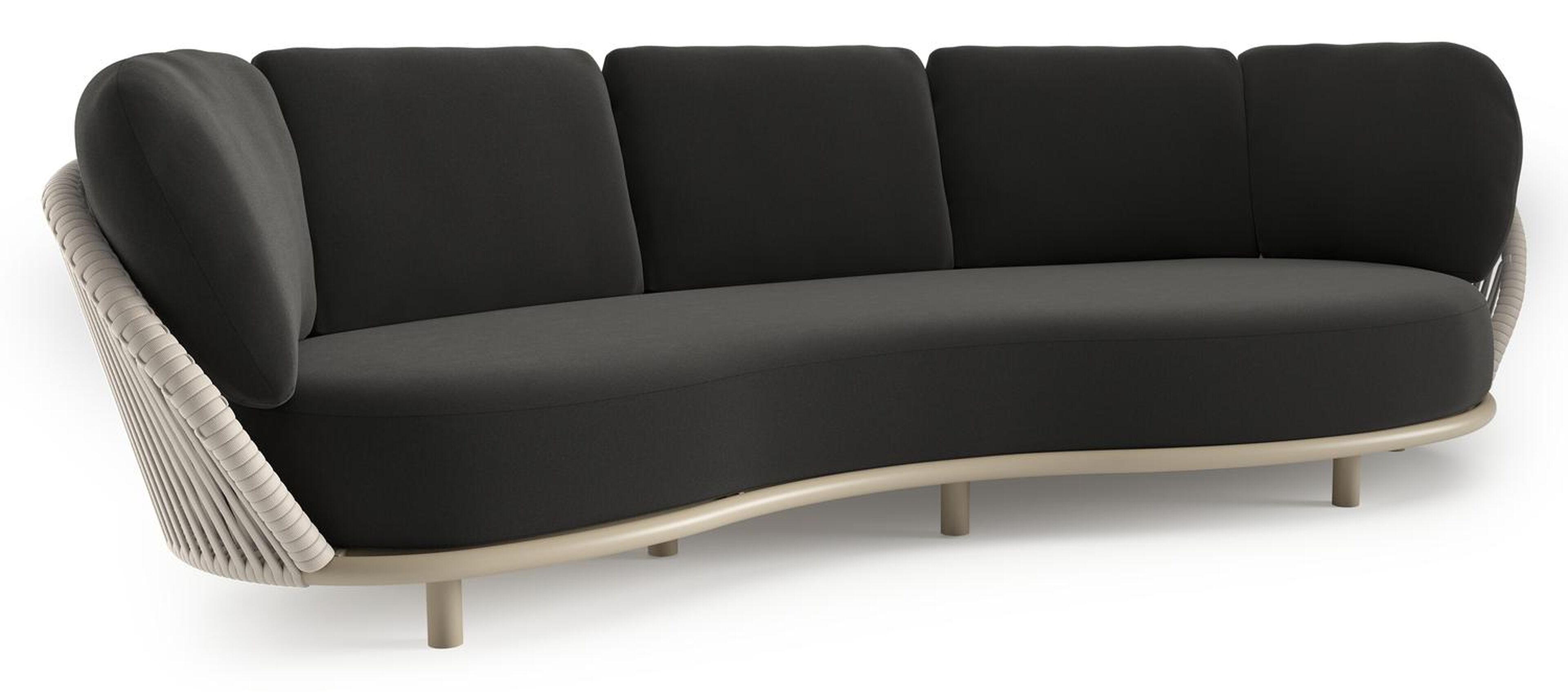 Canapé de jardin Lupino en aluminium beige et corde large plate de luxe tissée verticalement beige et coussins en all weather sunbrella® luxe natte sooty