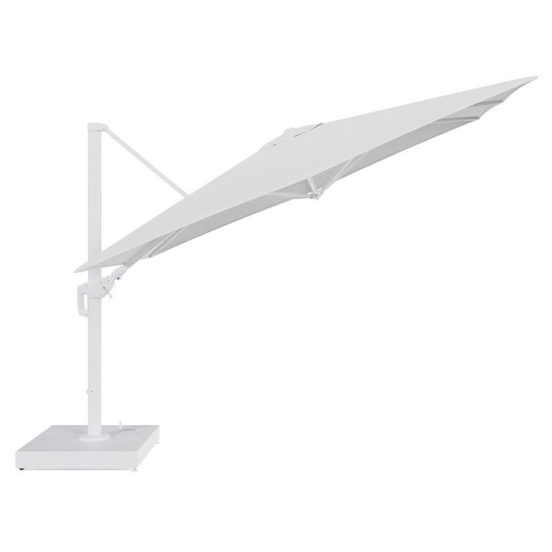 Parasol pendant Minore avec fonction tilt en aluminium blanc et toile de parasol All Weather Sunbrella® Luxe Soul Optik - Lg.1: 280 x Lg.2: 370 cm avec pied de parasol Minore 260 kg avec roulettes