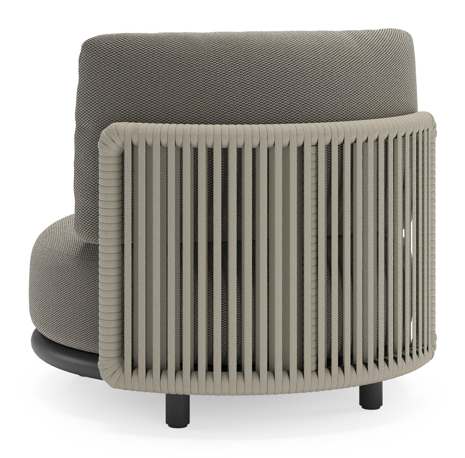 Fauteuil de jardin Lomano en aluminium noir et corde luxe plate tissée verticalement beige et coussins en all weather sunbrella® luxe Lopi Charcoal