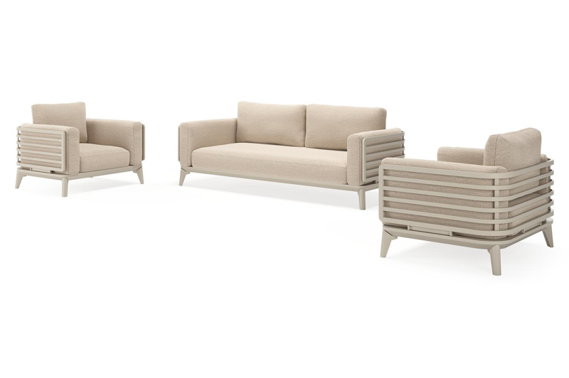 Salon de jardin Mosa en aluminium beige avec coussins en weather+ softtouch rustic