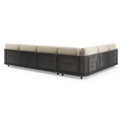 Organo loungehoek in zwart aluminium en zwart verticaal geweven luxe vlakke rope met althea chalk all weather Cosytica kussen