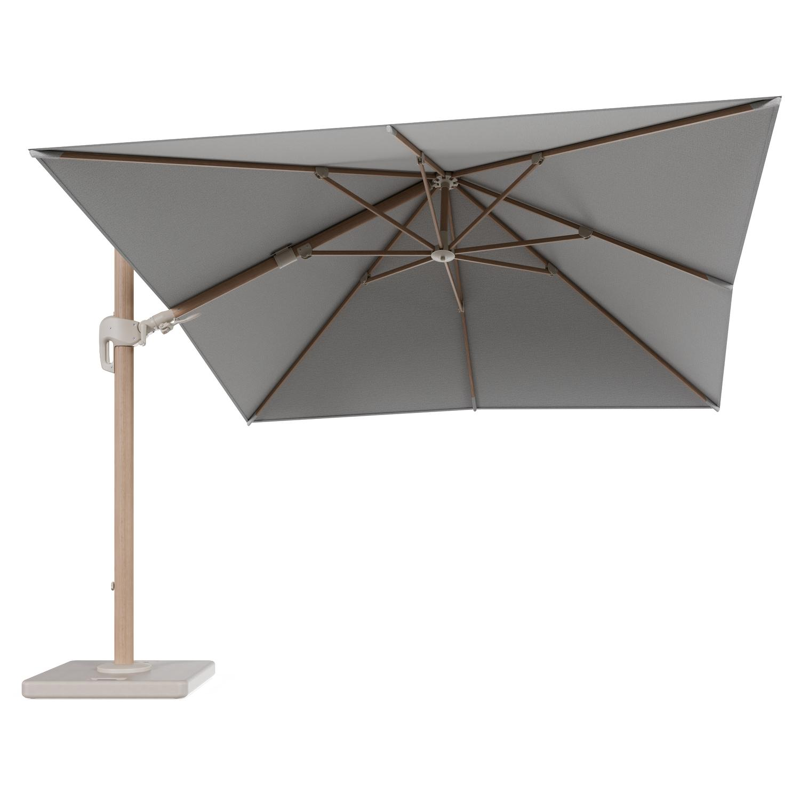 Rufina zweefparasol tiltfunctie in houtlook aluminium en parasoldoek in All Weather Sunbrella® Luxe Savane Nimbus - L1 300 x L2 300 cm met parasolvoet Lapido 120 kg