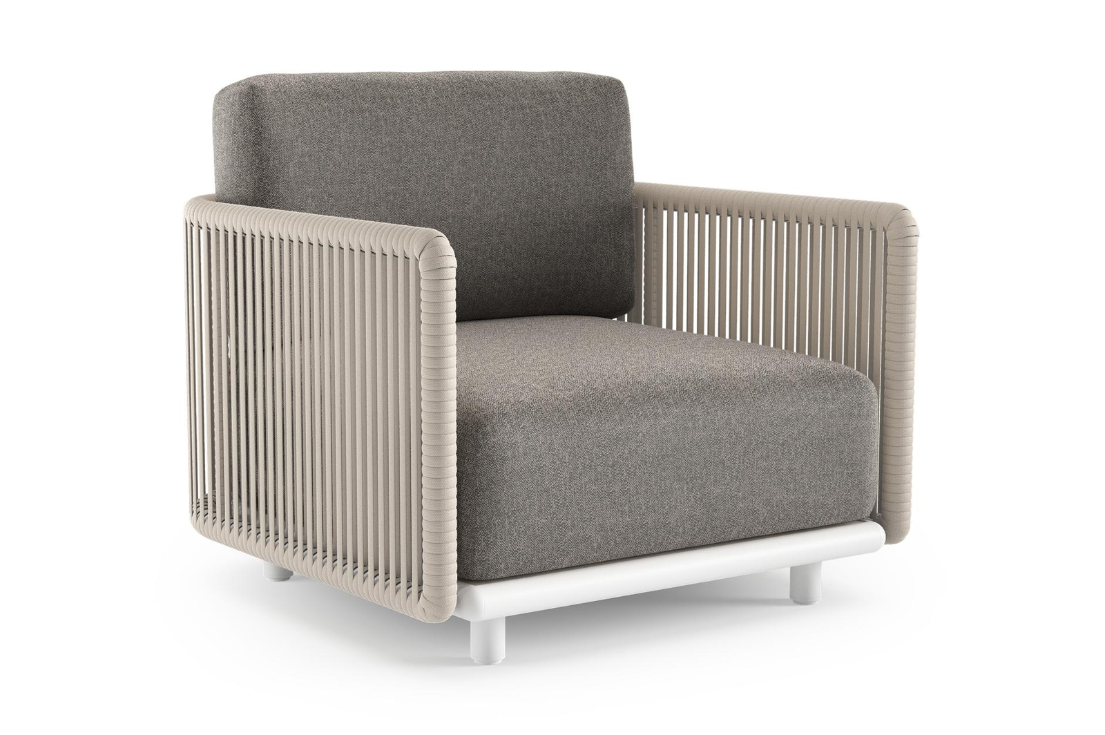 Organo loungestoel in wit aluminium en beige verticaal geweven luxe vlakke rope met chartres drizzle all weather Sunbrella® luxe kussen