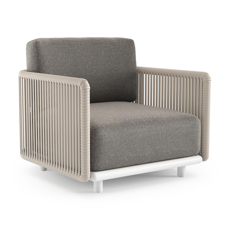 Organo loungestoel in wit aluminium en beige verticaal geweven luxe vlakke rope met chartres drizzle all weather Sunbrella® luxe kussen