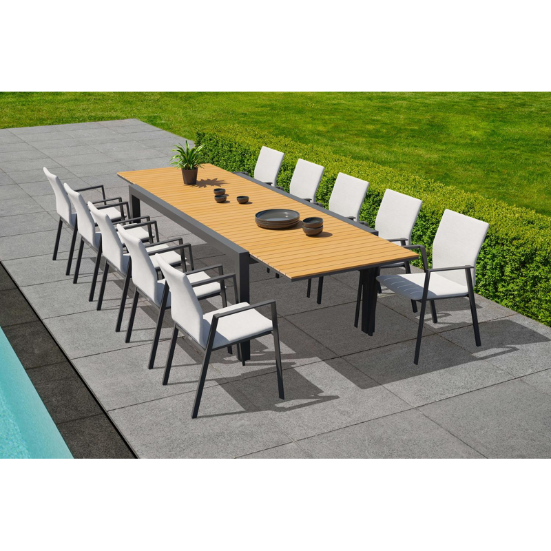 Calobra tuinset met verlengbare tafel in zwart aluminium en naturel teak tafelblad met 10 stapelbare Madura tuinstoelen