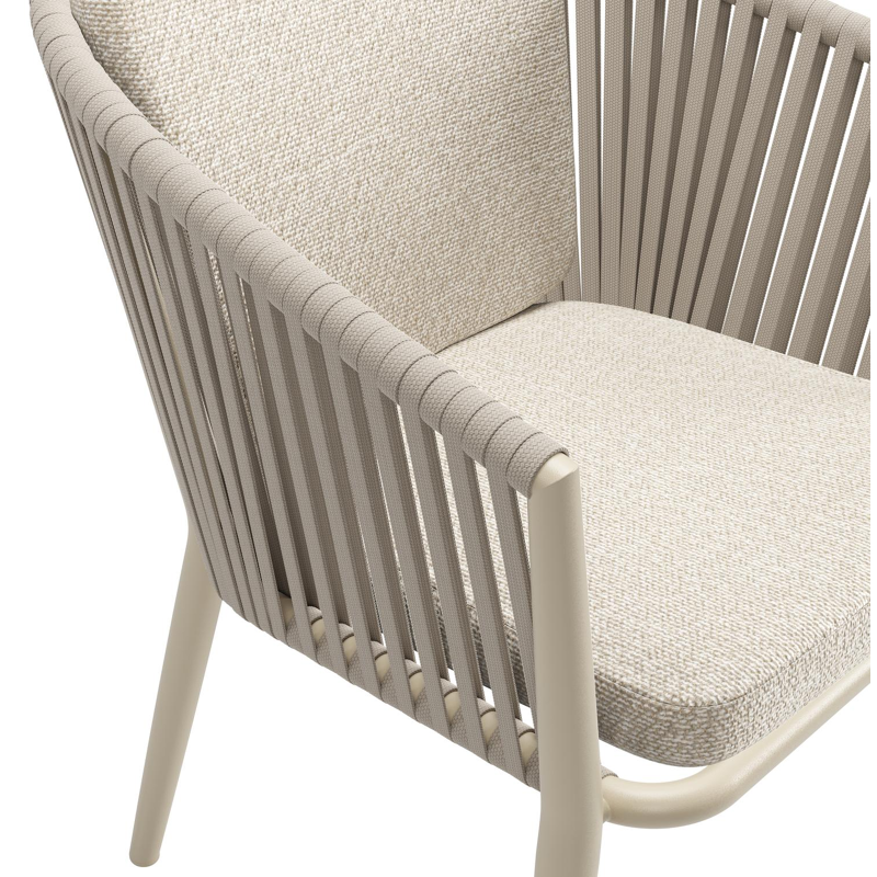 Chaise de jardin Orso en aluminium beige et corde plate tissée verticalement beige avec coussin en All Weather Cosytica Marbella Ecru
