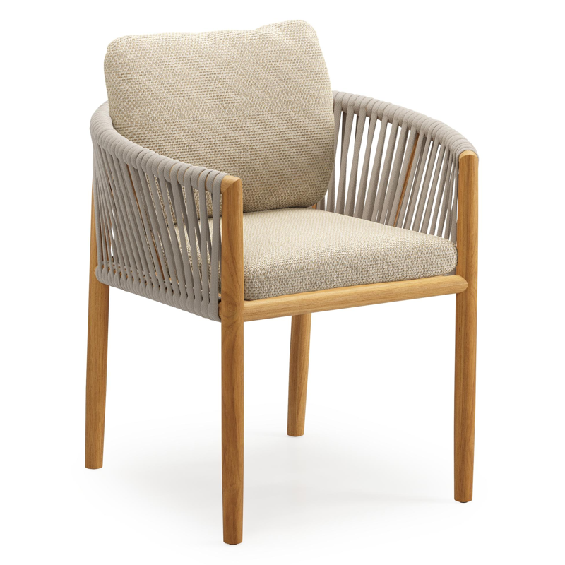 Organo tuinstoel in teak en beige verticaal geweven luxe vlakke rope met zitkussen in All Weather Cosytica Althea Camel