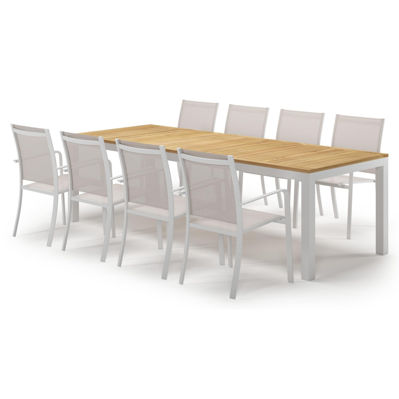 Varese tuinset in wit aluminium en teak met 8 Calobra tuinstoelen