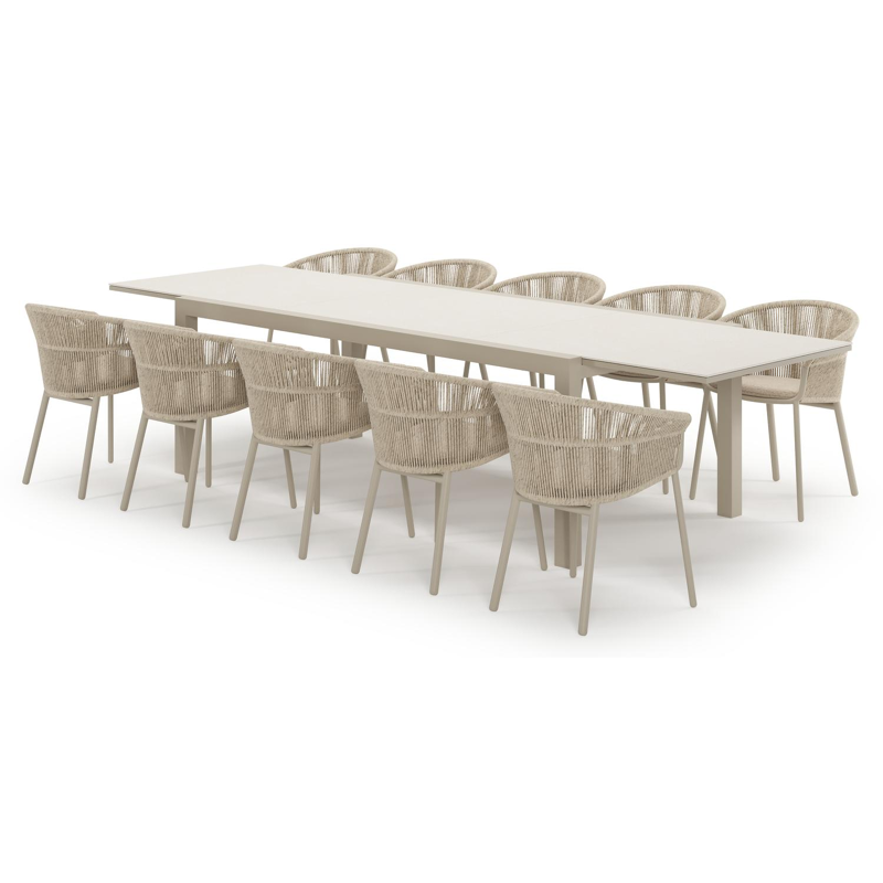 Ensemble de jardin Calobra extensible rectangulaire en aluminium beige et sintered stone Crema minerale avec 10 chaises de jardin Matera