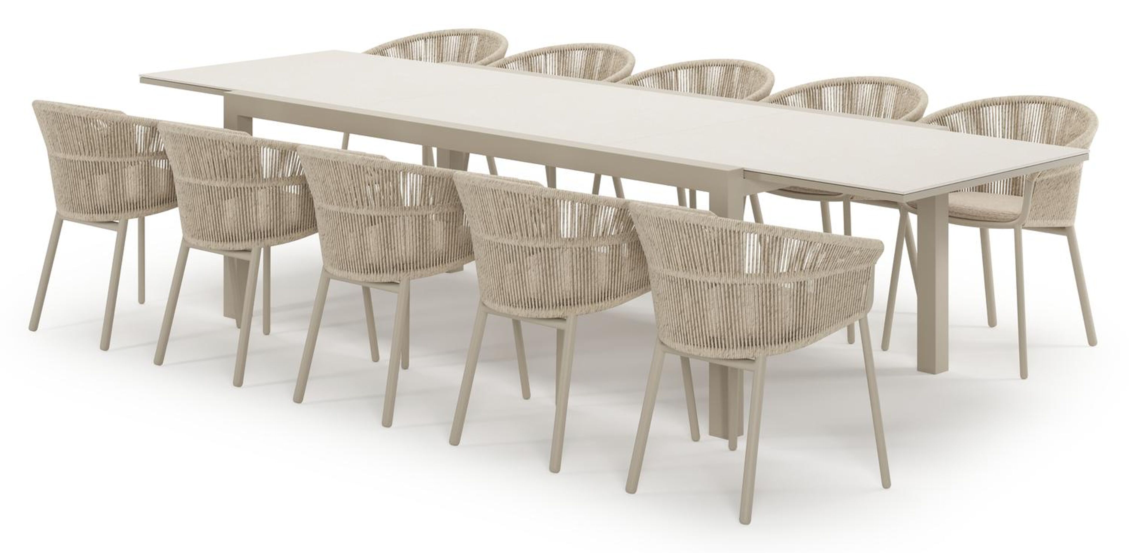 Ensemble de jardin Calobra extensible rectangulaire en aluminium beige et sintered stone Crema minerale avec 10 chaises de jardin Matera