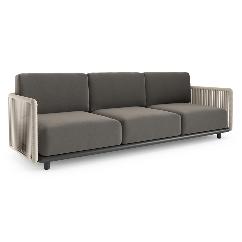 Organo loungebank in zwart aluminium en beige verticaal geweven luxe vlakke rope met natte dark taupe all weather Sunbrella® luxe kussen