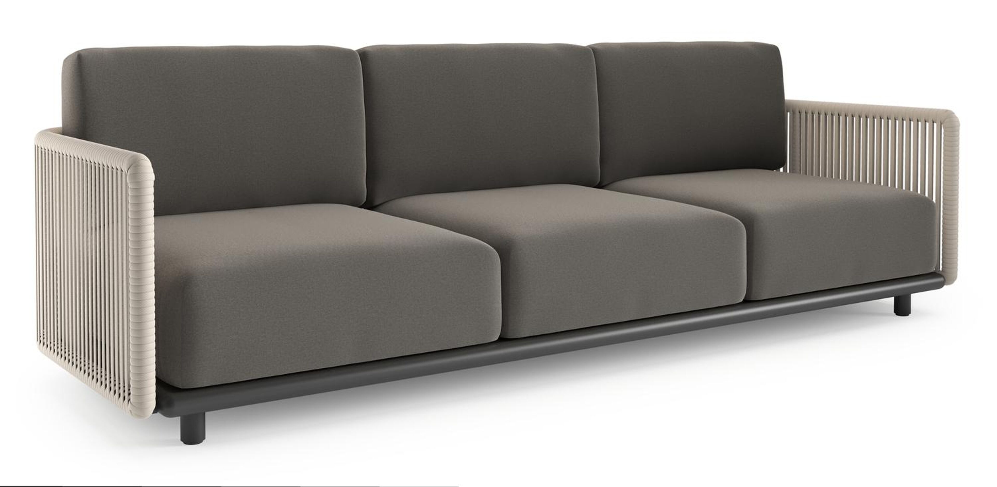Canapé de jardin Organo en aluminium noir et corde luxe plate tissée verticalement beige et coussin en all weather Sunbrella® luxe natte dark taupe